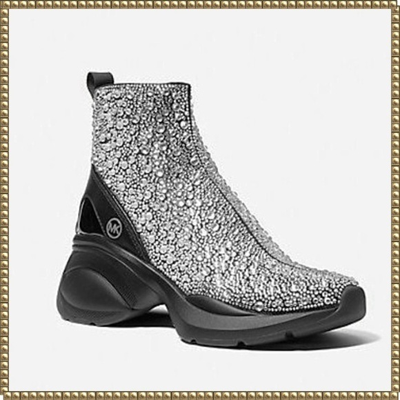 Michael Kors Zuma Black Silver Knit Sneaker Bootie Size 6 - Picture 1 of 10